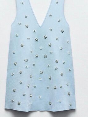 Zara Light Blue Embellished V-Neck Mini Dress
